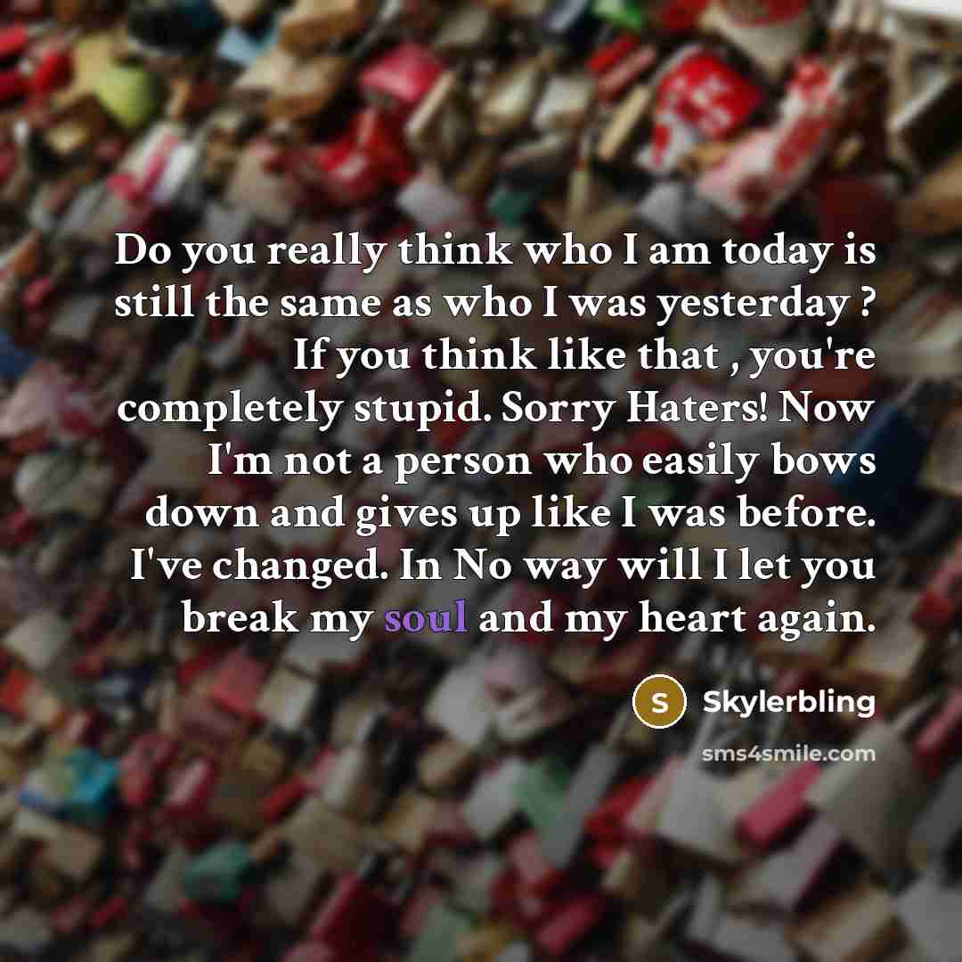 “Do you really think who I am today is still the same as who I was yesterday ? If you think like that , you're completely stupid. Sorry Haters! Now I'm not a person who easily bows down and gives up like I was before. I've changed. In No way will I let you break my soul and my heart again.” quote by Skylerbling