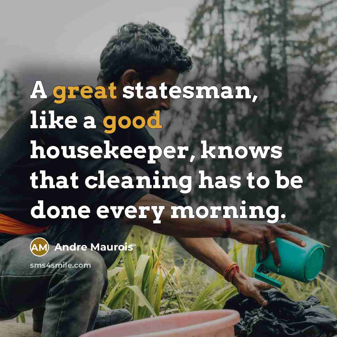 “A great statesman, like a good housekeeper, knows that cleaning has to be done every morning.” quote by Andre Maurois