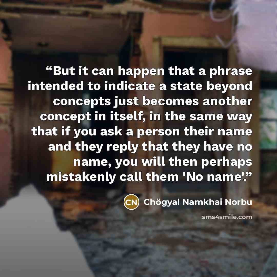 “But it can happen that a phrase intended to indicate a state beyond concepts just becomes another concept in itself, in the same way that if you ask a person their name and they reply that they have no name, you will then perhaps mistakenly call them 'No name'.” quote by Chögyal Namkhai Norbu