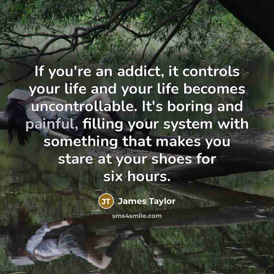 “If you're an addict, it controls your life and your life becomes uncontrollable. It's boring and painful, filling your system with something that makes you stare at your shoes for six hours.” quote by James Taylor