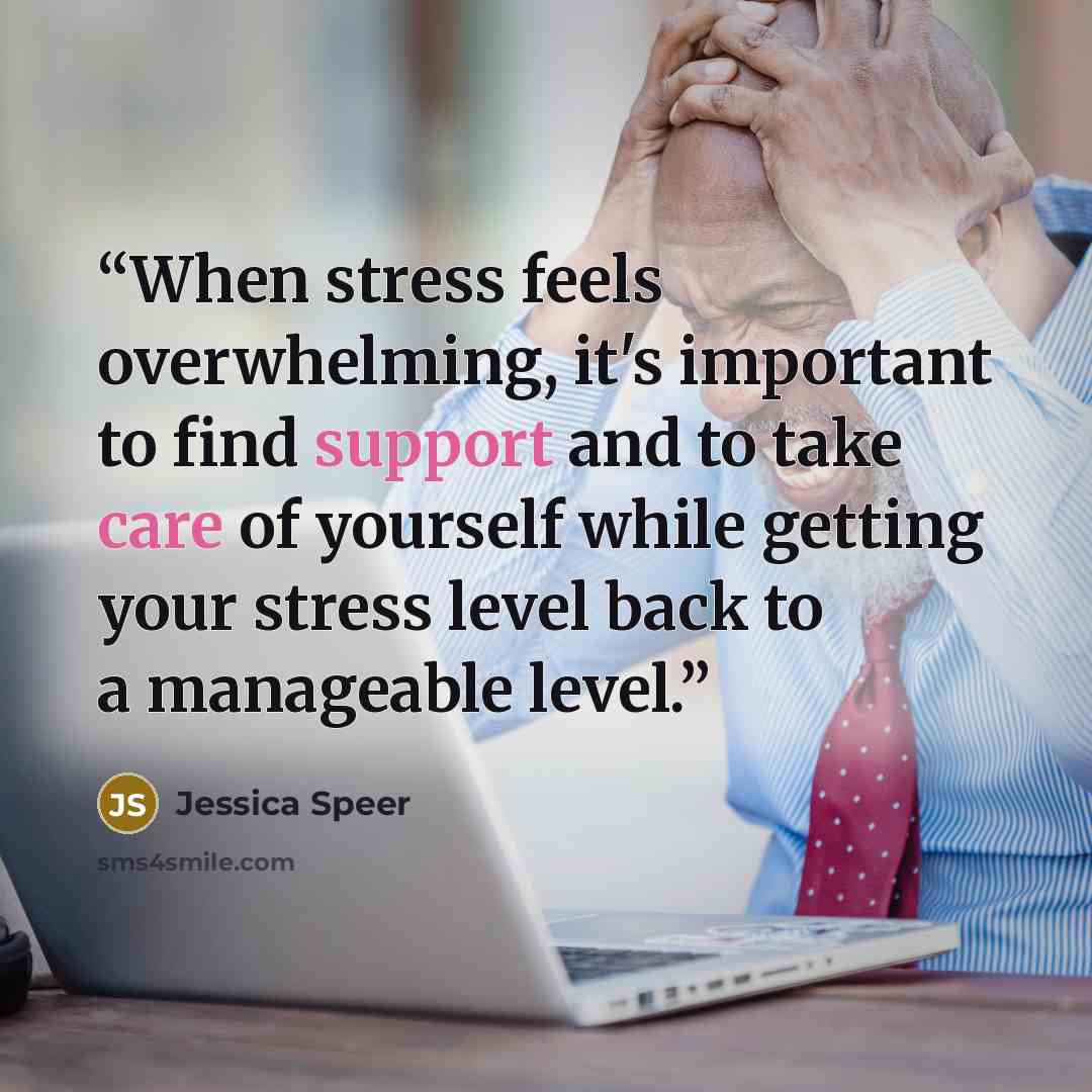 “When stress feels overwhelming, it's important to find support and to take care of yourself while getting your stress level back to a manageable level.” quote by Jessica Speer