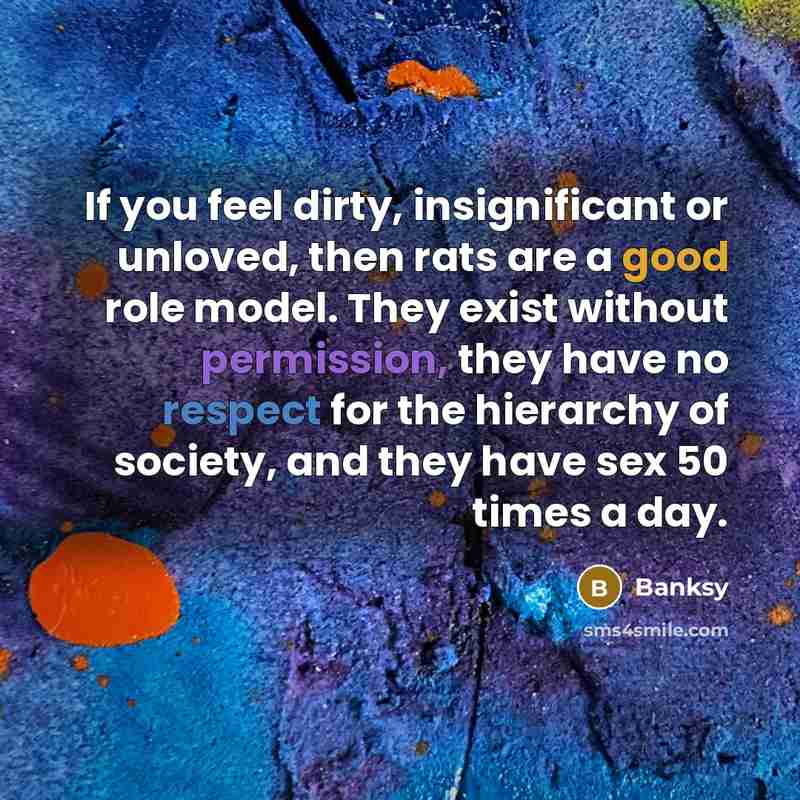 “If you feel dirty, insignificant or unloved, then rats are a good role model. They exist without permission, they have no respect for the hierarchy of society, and they have sex 50 times a day.” quote by Banksy