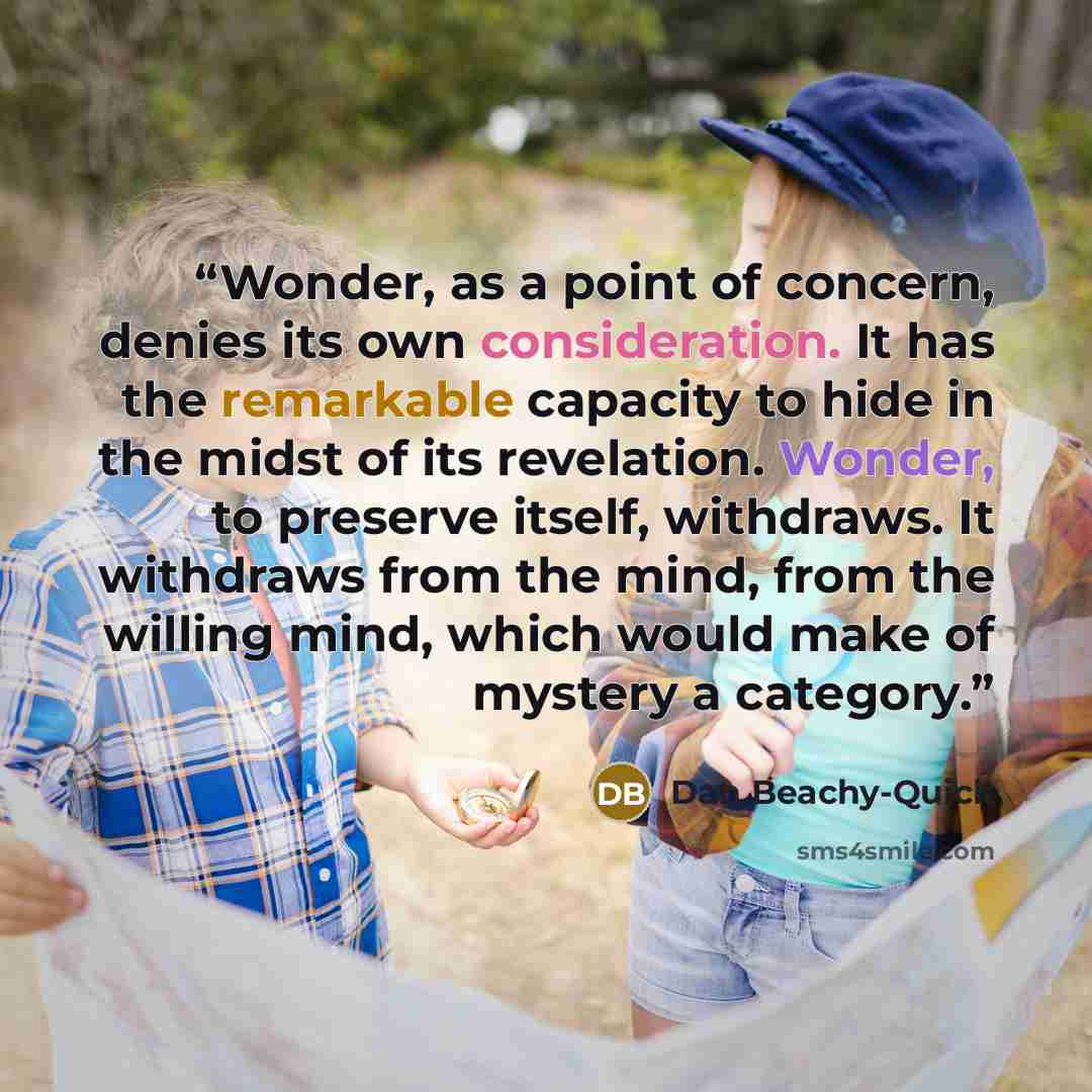 “Wonder, as a point of concern, denies its own consideration. It has the remarkable capacity to hide in the midst of its revelation. Wonder, to preserve itself, withdraws. It withdraws from the mind, from the willing mind, which would make of mystery a category.” quote by Dan Beachy-Quick