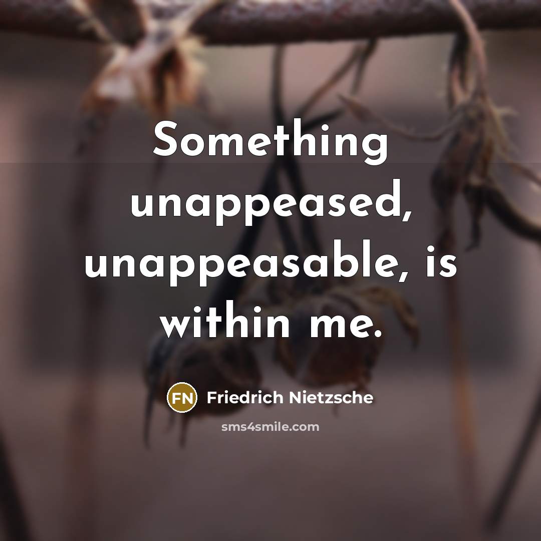 “Something unappeased, unappeasable, is within me.” quote by Friedrich Nietzsche