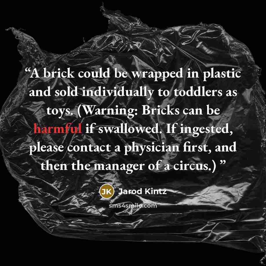 “A brick could be wrapped in plastic and sold individually to toddlers as toys. (Warning: Bricks can be harmful if swallowed. If ingested, please contact a physician first, and then the manager of a circus.)” quote by Jarod Kintz