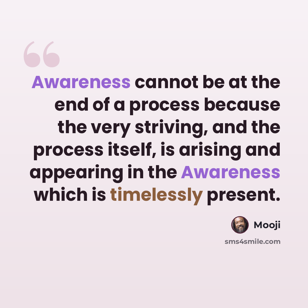 “Awareness cannot be at the end of a process because the very striving, and the process itself, is arising and appearing in the Awareness which is timelessly present.” quote by Mooji