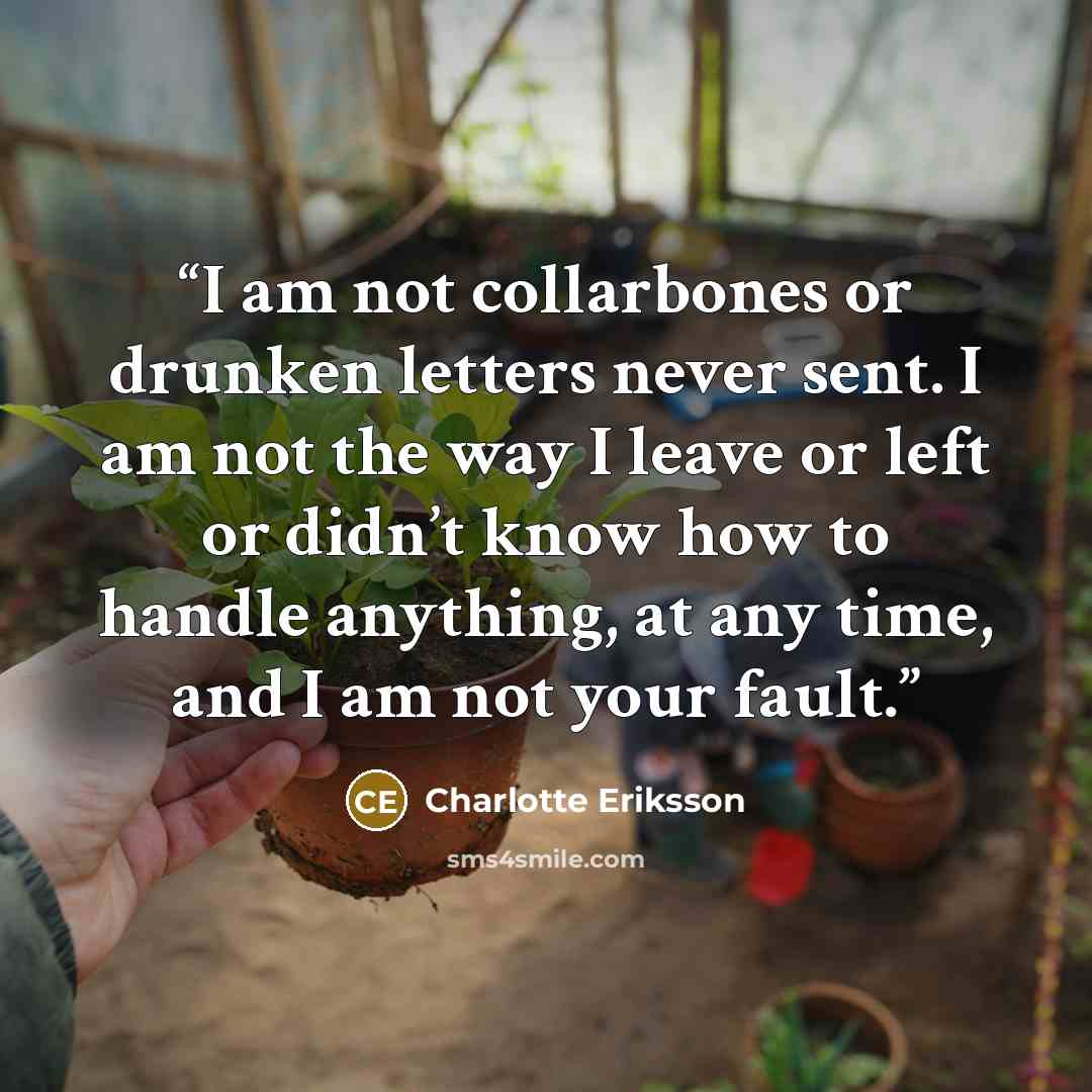 “I am not collarbones or drunken letters never sent. I am not the way I leave or left or didn’t know how to handle anything, at any time, and I am not your fault.” quote by Charlotte Eriksson