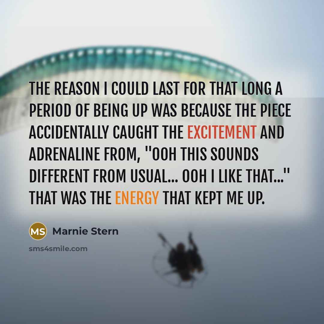 “The reason I could last for that long a period of being up was because the piece accidentally caught the excitement and adrenaline from, "Ooh this sounds different from usual... Ooh I like that..." That was the energy that kept me up.” quote by Marnie Stern