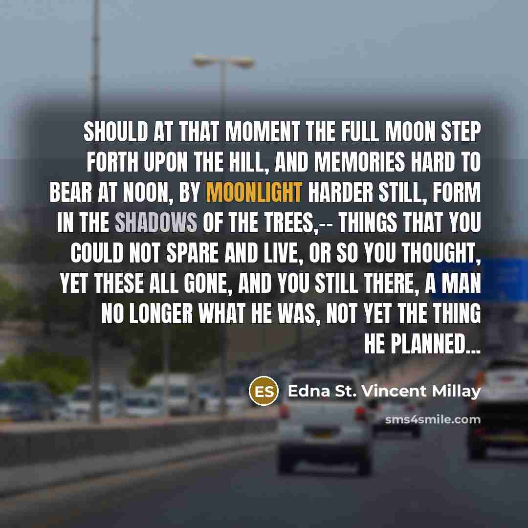“Should at that moment the full moon Step forth upon the hill, And memories hard to bear at noon, By moonlight harder still, Form in the shadows of the trees,-- Things that you could not spare And live, or so you thought, yet these All gone, and you still there, A man no longer what he was, Not yet…” quote by Edna St. Vincent Millay