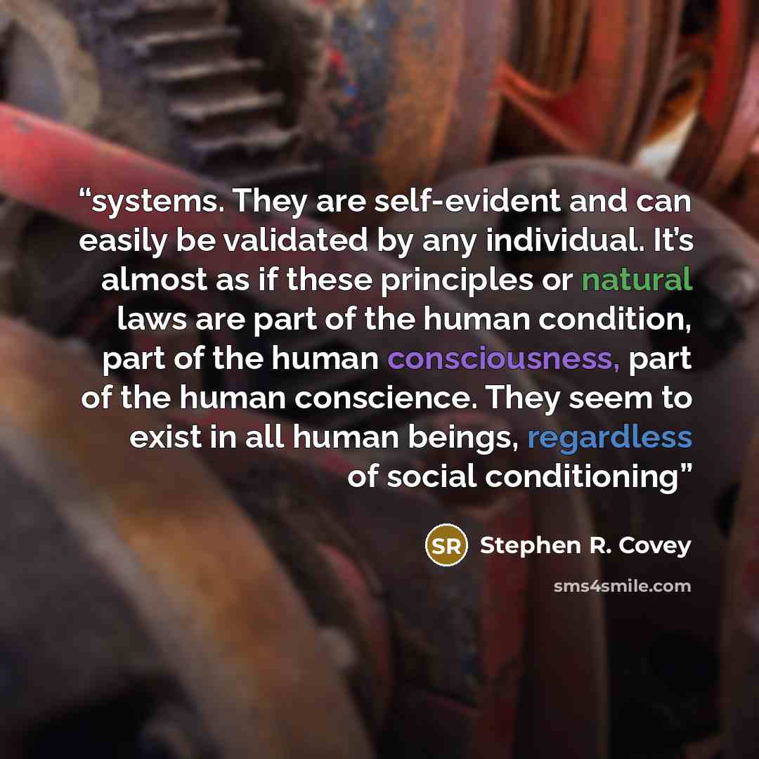 “systems. They are self-evident and can easily be validated by any individual. It’s almost as if these principles or natural laws are part of the human condition, part of the human consciousness, part of the human conscience. They seem to exist in all human beings, regardless of social conditioning” quote by Stephen R. Covey