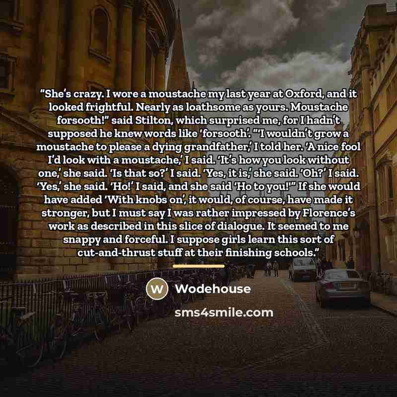 “She’s crazy. I wore a moustache my last year at Oxford, and it looked frightful. Nearly as loathsome as yours. Moustache forsooth!” said Stilton, which surprised me, for I hadn’t supposed he knew words like ‘forsooth’. “‘I wouldn’t grow a moustache to please a dying grandfather,’ I told her. ‘A…” quote by Wodehouse