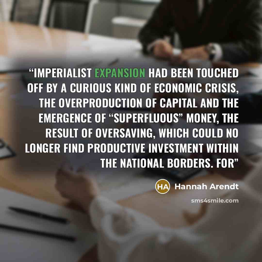 “Imperialist expansion had been touched off by a curious kind of economic crisis, the overproduction of capital and the emergence of “superfluous” money, the result of oversaving, which could no longer find productive investment within the national borders. For” quote by Hannah Arendt