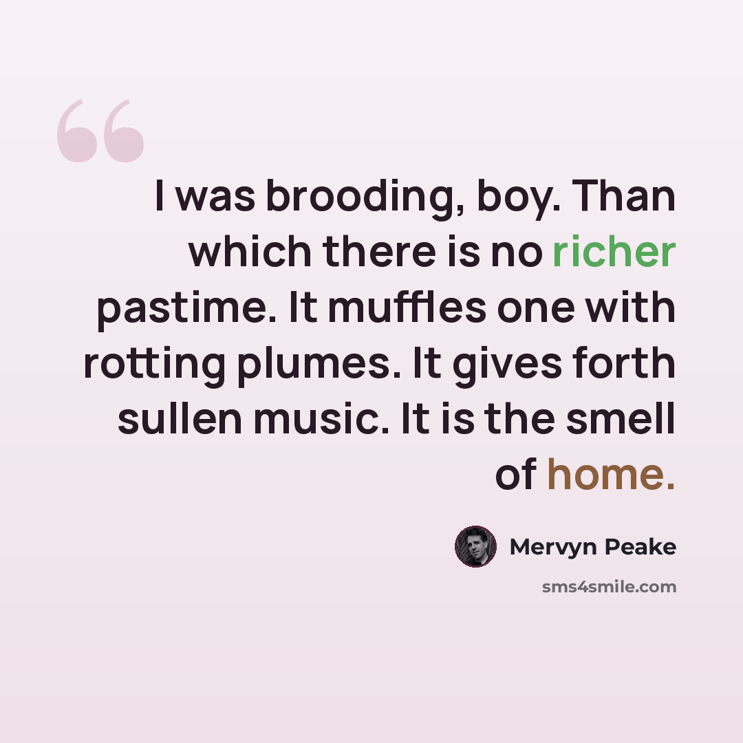 “I was brooding, boy. Than which there is no richer pastime. It muffles one with rotting plumes. It gives forth sullen music. It is the smell of home.” quote by Mervyn Peake