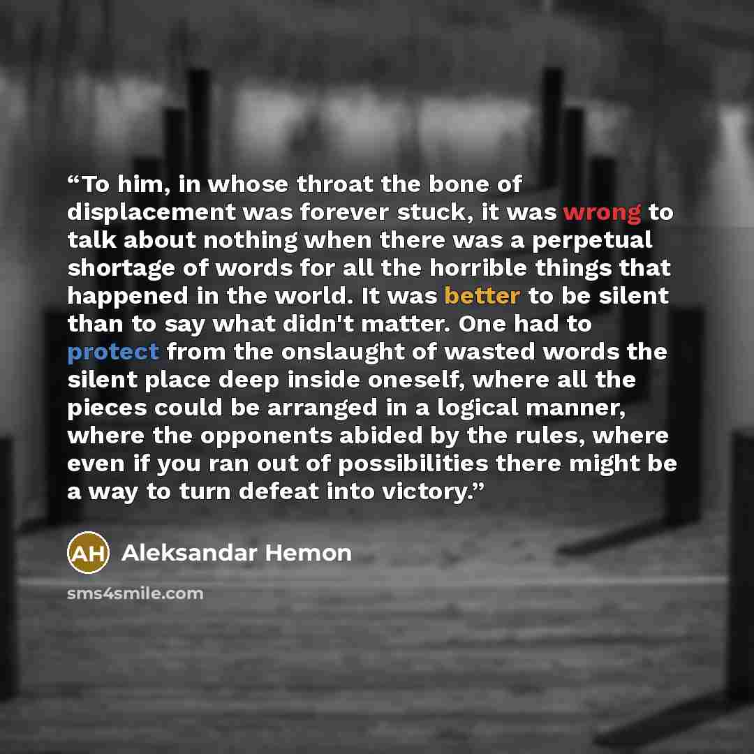 “To him, in whose throat the bone of displacement was forever stuck, it was wrong to talk about nothing when there was a perpetual shortage of words for all the horrible things that happened in the world. It was better to be silent than to say what didn't matter. One had to protect from the…” quote by Aleksandar Hemon