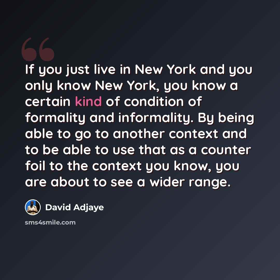 “If you just live in New York and you only know New York, you know a certain kind of condition of formality and informality. By being able to go to another context and to be able to use that as a counter foil to the context you know, you are about to see a wider range.” quote by David Adjaye