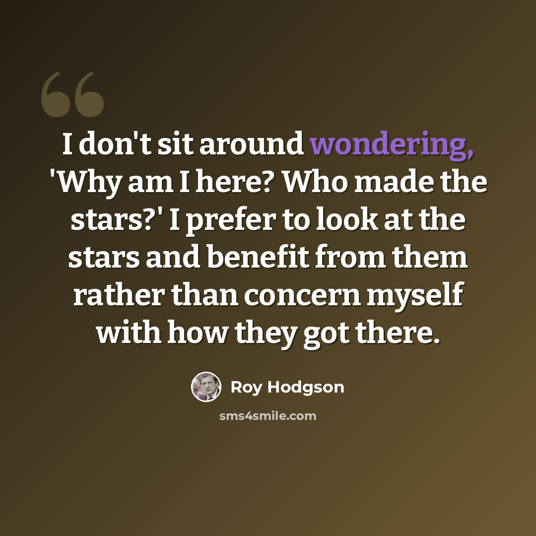 “I don't sit around wondering, 'Why am I here? Who made the stars?' I prefer to look at the stars and benefit from them rather than concern myself with how they got there.” quote by Roy Hodgson