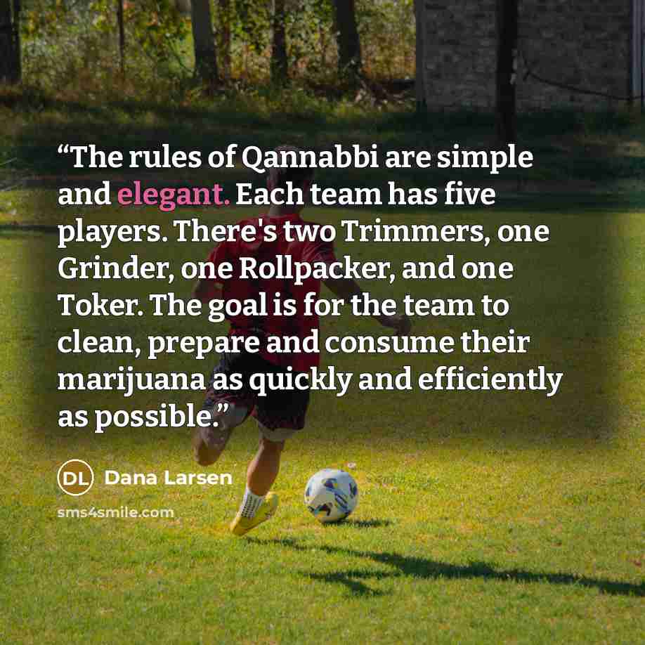 “The rules of Qannabbi are simple and elegant. Each team has five players. There's two Trimmers, one Grinder, one Rollpacker, and one Toker. The goal is for the team to clean, prepare and consume their marijuana as quickly and efficiently as possible.” quote by Dana Larsen