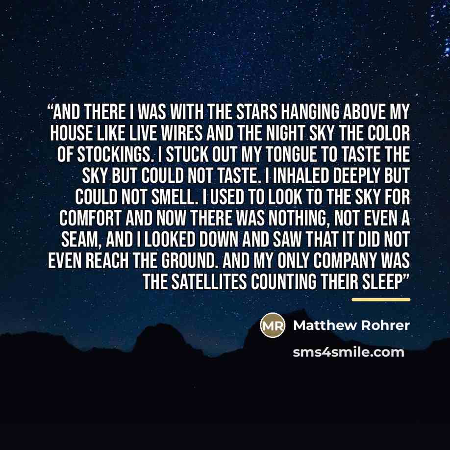 “And there I was with the stars hanging above my house like live wires and the night sky the color of stockings. I stuck out my tongue to taste the sky but could not taste. I inhaled deeply but could not smell. I used to look to the sky for comfort and now there was nothing, not even a seam, and I…” quote by Matthew Rohrer