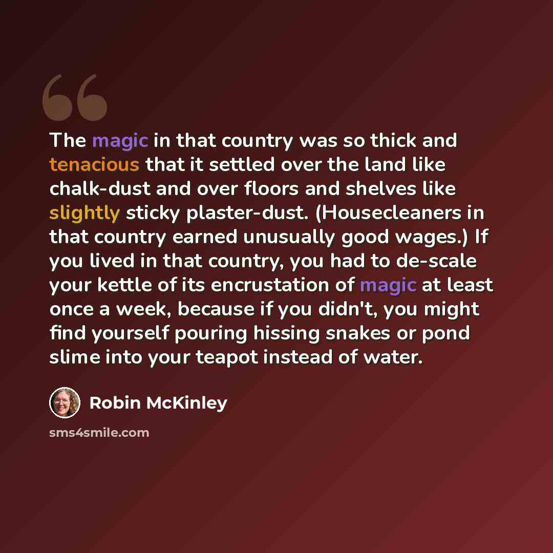 “The magic in that country was so thick and tenacious that it settled over the land like chalk-dust and over floors and shelves like slightly sticky plaster-dust. (Housecleaners in that country earned unusually good wages.) If you lived in that country, you had to de-scale your kettle of its…” quote by Robin McKinley