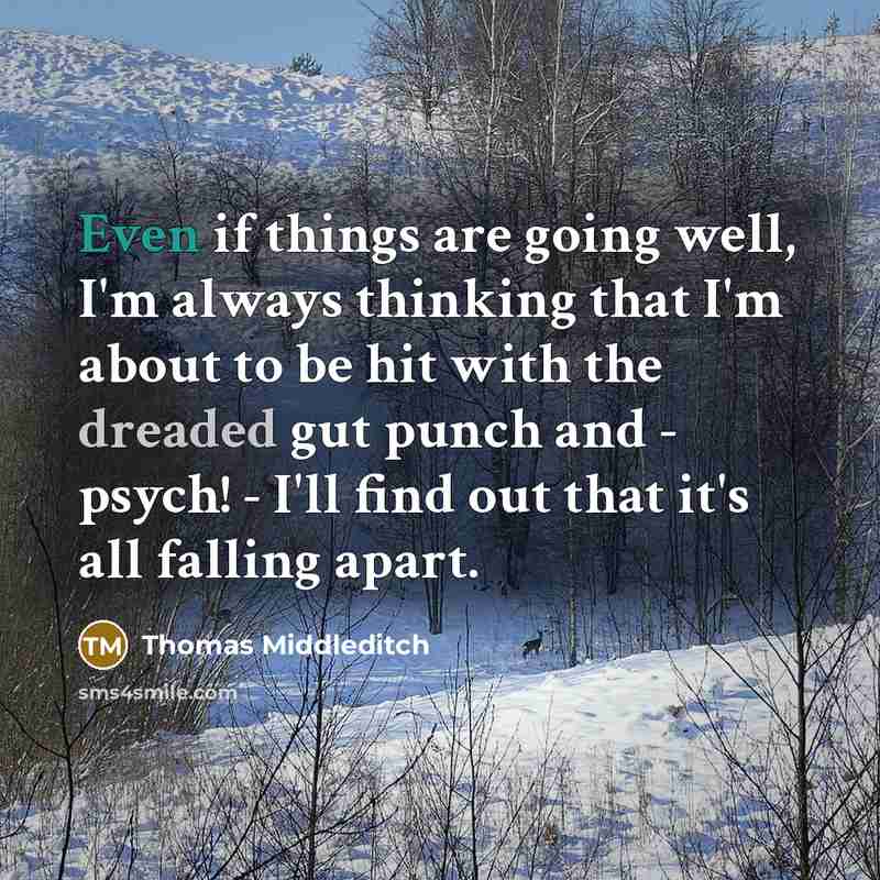“Even if things are going well, I'm always thinking that I'm about to be hit with the dreaded gut punch and - psych! - I'll find out that it's all falling apart.” quote by Thomas Middleditch