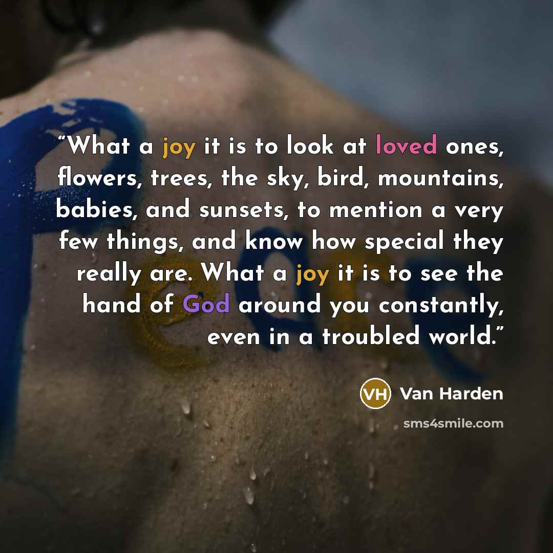 “What a joy it is to look at loved ones, flowers, trees, the sky, bird, mountains, babies, and sunsets, to mention a very few things, and know how special they really are. What a joy it is to see the hand of God around you constantly, even in a troubled world.” quote by Van Harden