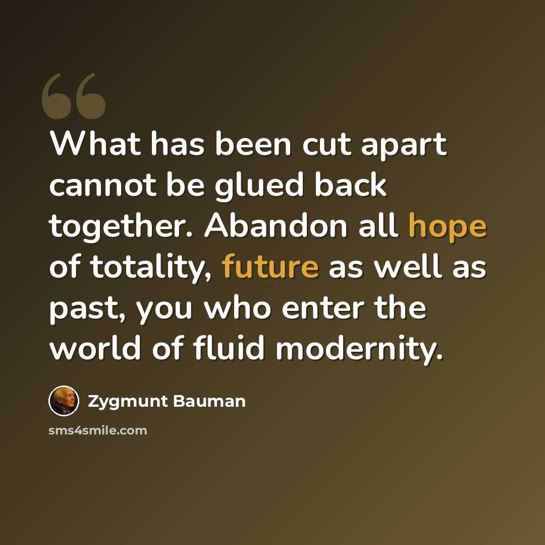 “What has been cut apart cannot be glued back together. Abandon all hope of totality, future as well as past, you who enter the world of fluid modernity.” quote by Zygmunt Bauman