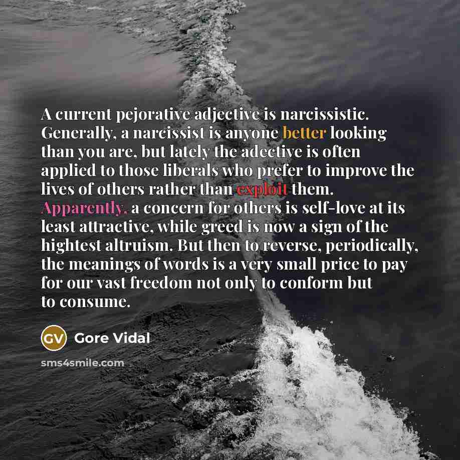 “A current pejorative adjective is narcissistic. Generally, a narcissist is anyone better looking than you are, but lately the adective is often applied to those liberals who prefer to improve the lives of others rather than exploit them. Apparently, a concern for others is self-love at its least…” quote by Gore Vidal