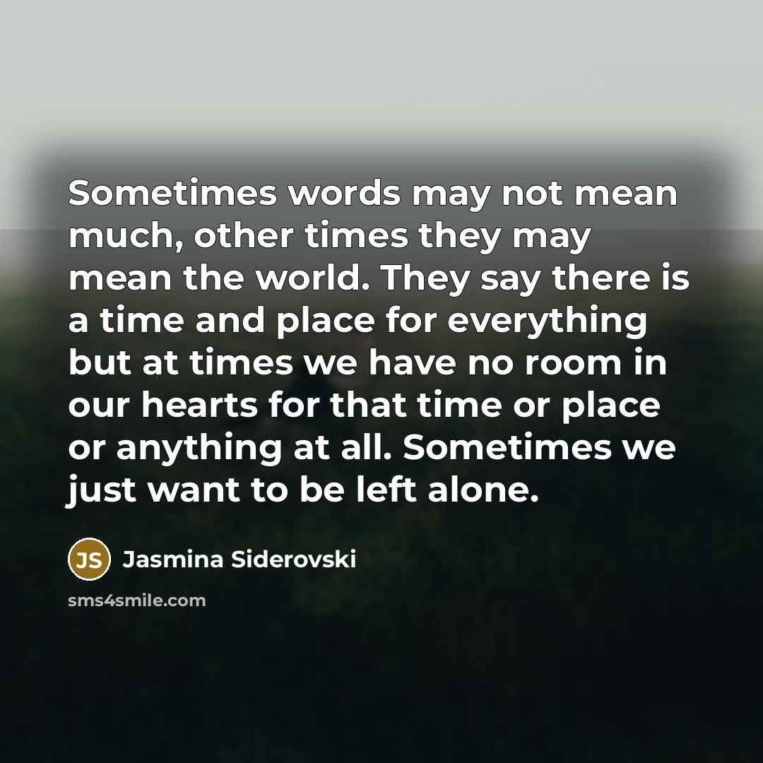 “Sometimes words may not mean much, other times they may mean the world. They say there is a time and place for everything but at times we have no room in our hearts for that time or place or anything at all. Sometimes we just want to be left alone.” quote by Jasmina Siderovski