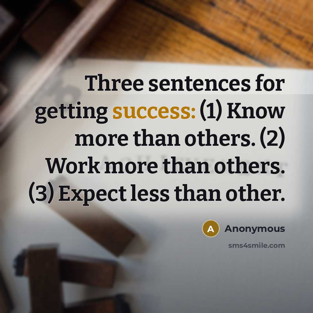 “Three sentences for getting success: (1) Know more than others. (2) Work more than others. (3) Expect less than other.” quote by Anonymous