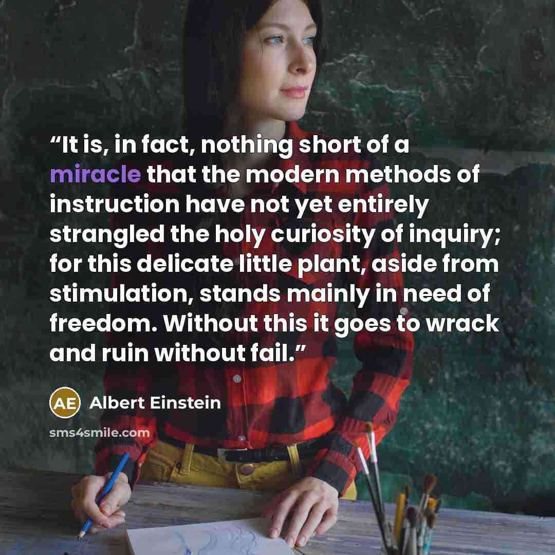 “It is, in fact, nothing short of a miracle that the modern methods of instruction have not yet entirely strangled the holy curiosity of inquiry; for this delicate little plant, aside from stimulation, stands mainly in need of freedom. Without this it goes to wrack and ruin without fail.” quote by Albert Einstein