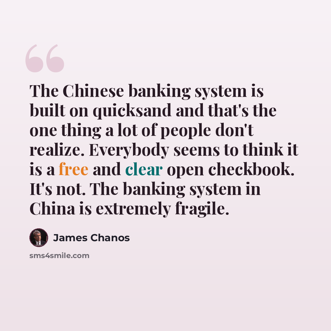 “The Chinese banking system is built on quicksand and that's the one thing a lot of people don't realize. Everybody seems to think it is a free and clear open checkbook. It's not. The banking system in China is extremely fragile.” quote by James Chanos