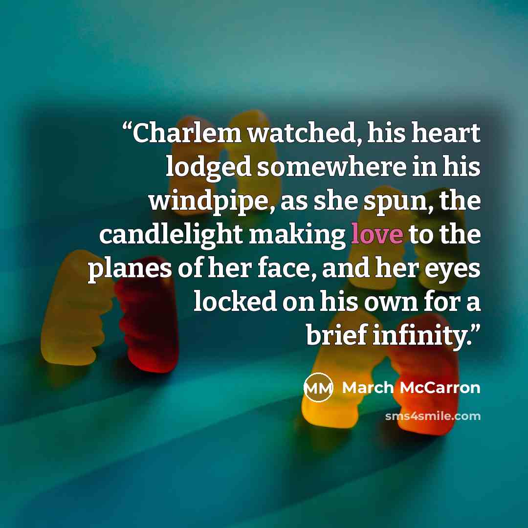 “Charlem watched, his heart lodged somewhere in his windpipe, as she spun, the candlelight making love to the planes of her face, and her eyes locked on his own for a brief infinity.” quote by March McCarron