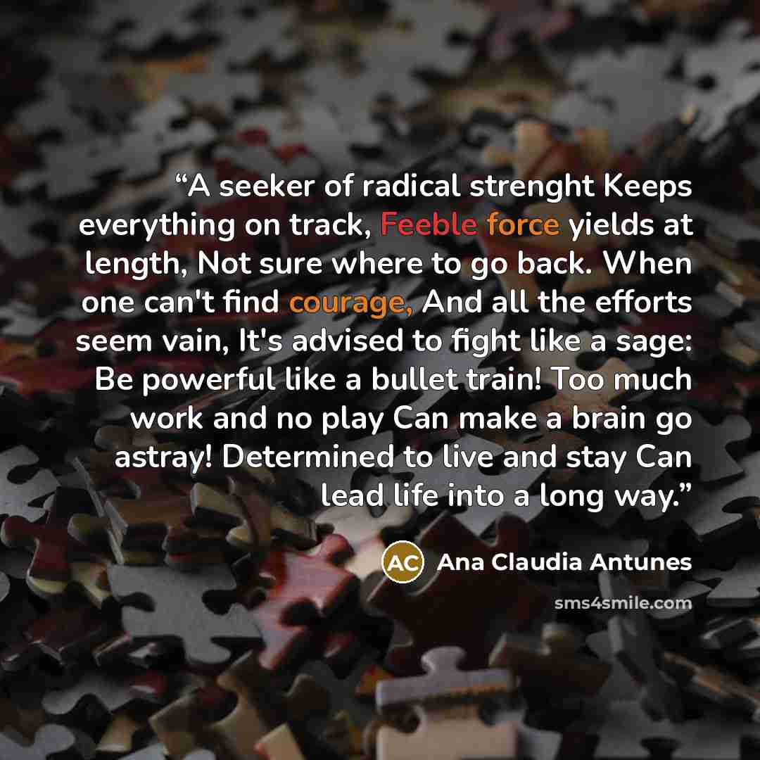 “A seeker of radical strenght Keeps everything on track, Feeble force yields at length, Not sure where to go back. When one can't find courage, And all the efforts seem vain, It's advised to fight like a sage: Be powerful like a bullet train! Too much work and no play Can make a brain go astray!…” quote by Ana Claudia Antunes