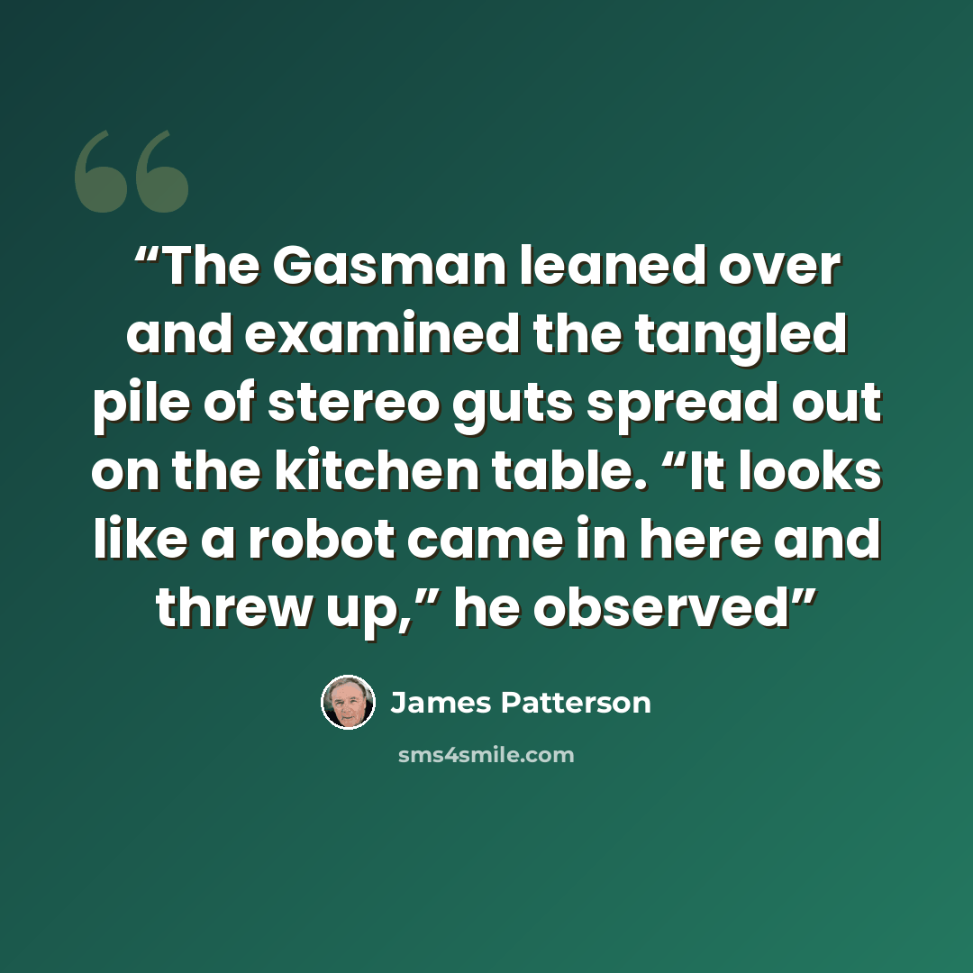 “The Gasman leaned over and examined the tangled pile of stereo guts spread out on the kitchen table. “It looks like a robot came in here and threw up,” he observed” quote by James Patterson