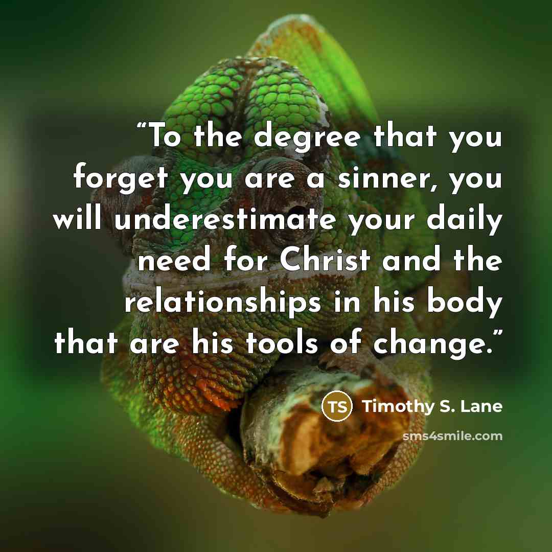 “To the degree that you forget you are a sinner, you will underestimate your daily need for Christ and the relationships in his body that are his tools of change.” quote by Timothy S. Lane