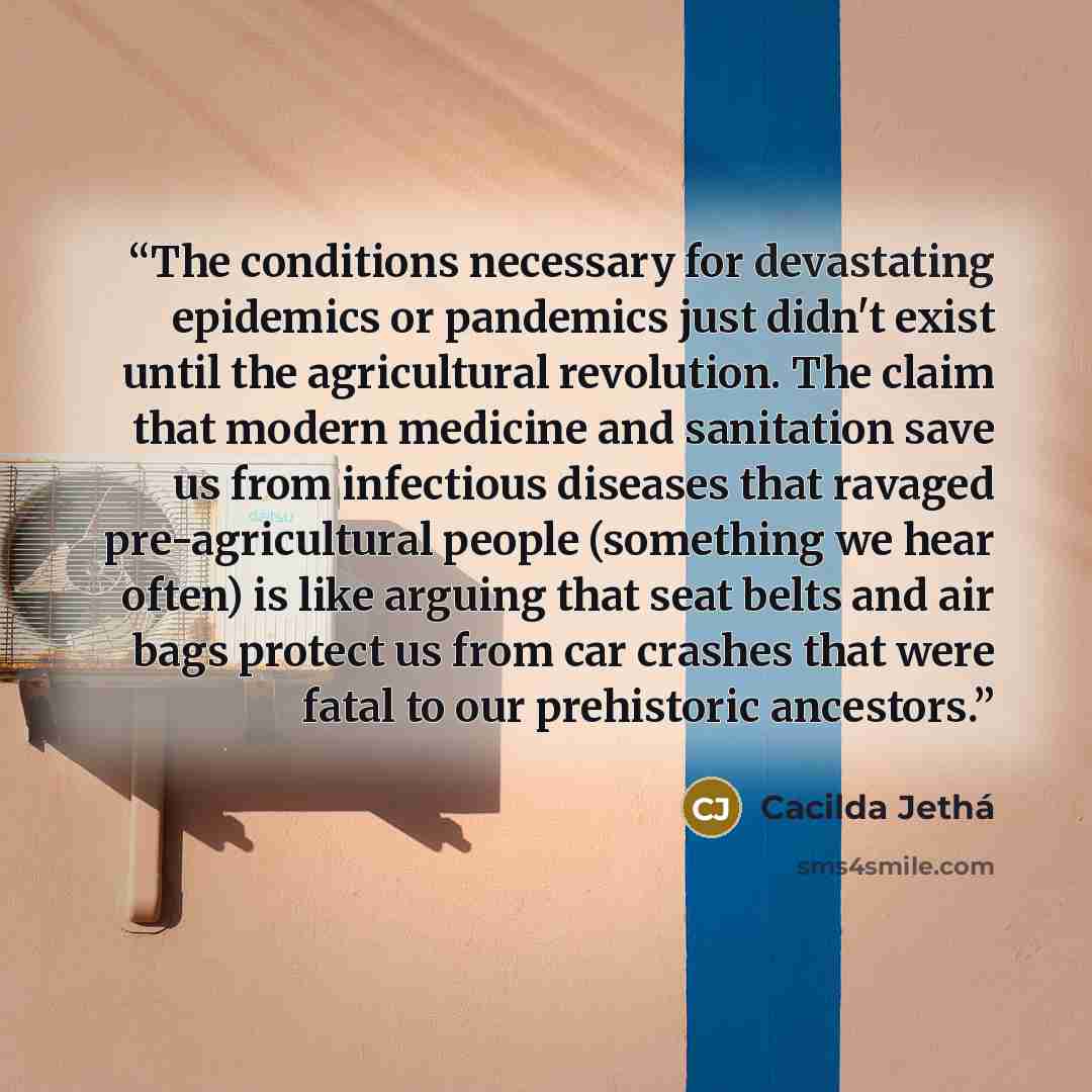 “The conditions necessary for devastating epidemics or pandemics just didn't exist until the agricultural revolution. The claim that modern medicine and sanitation save us from infectious diseases that ravaged pre-agricultural people (something we hear often) is like arguing that seat belts and air…” quote by Cacilda Jethá