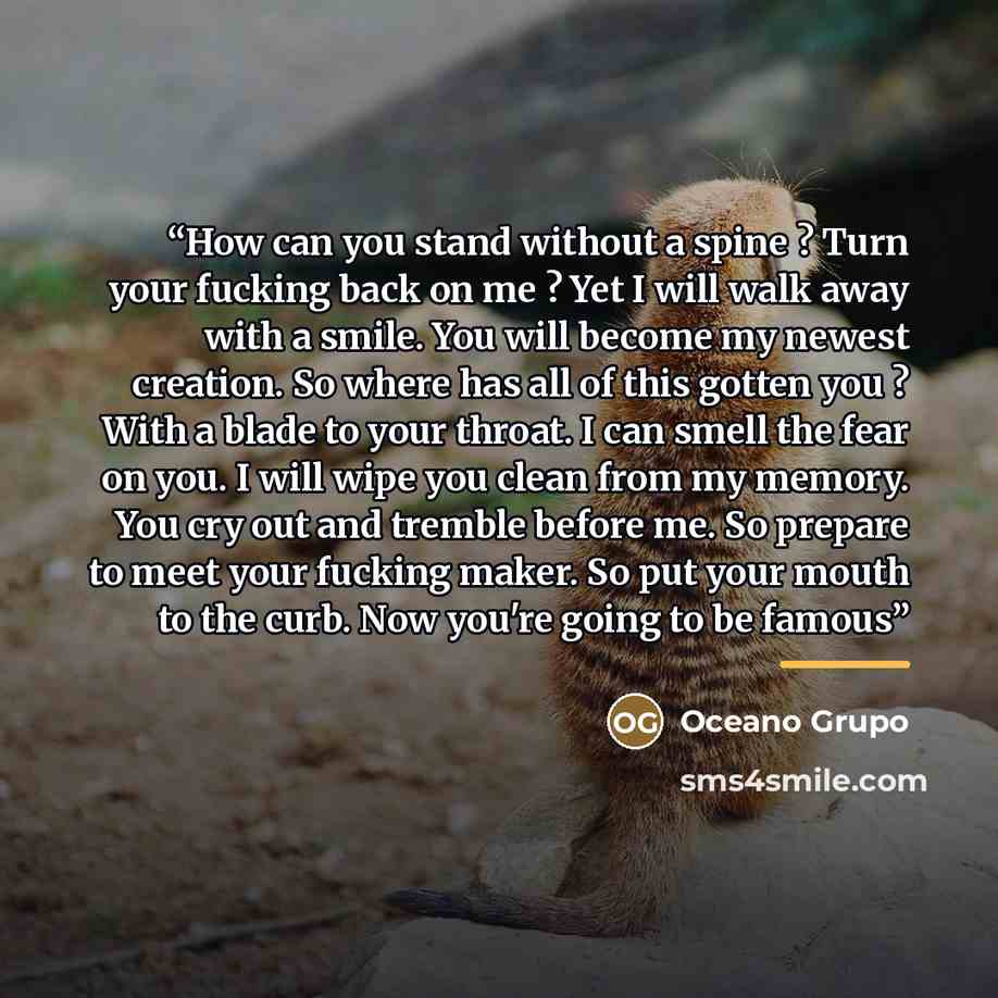 “How can you stand without a spine ? Turn your fucking back on me ? Yet I will walk away with a smile. You will become my newest creation. So where has all of this gotten you ? With a blade to your throat. I can smell the fear on you. I will wipe you clean from my memory. You cry out and tremble…” quote by Oceano Grupo