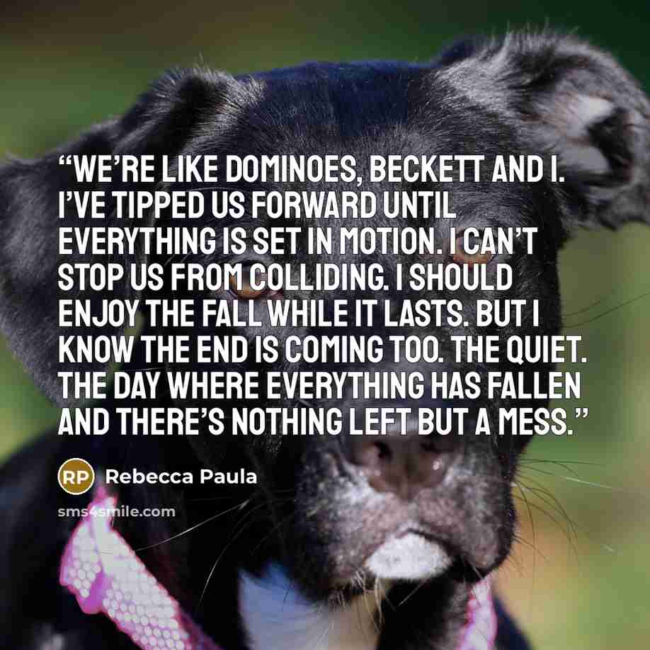 “We’re like dominoes, Beckett and I. I’ve tipped us forward until everything is set in motion. I can’t stop us from colliding. I should enjoy the fall while it lasts. But I know the end is coming too. The quiet. The day where everything has fallen and there’s nothing left but a mess.” quote by Rebecca Paula