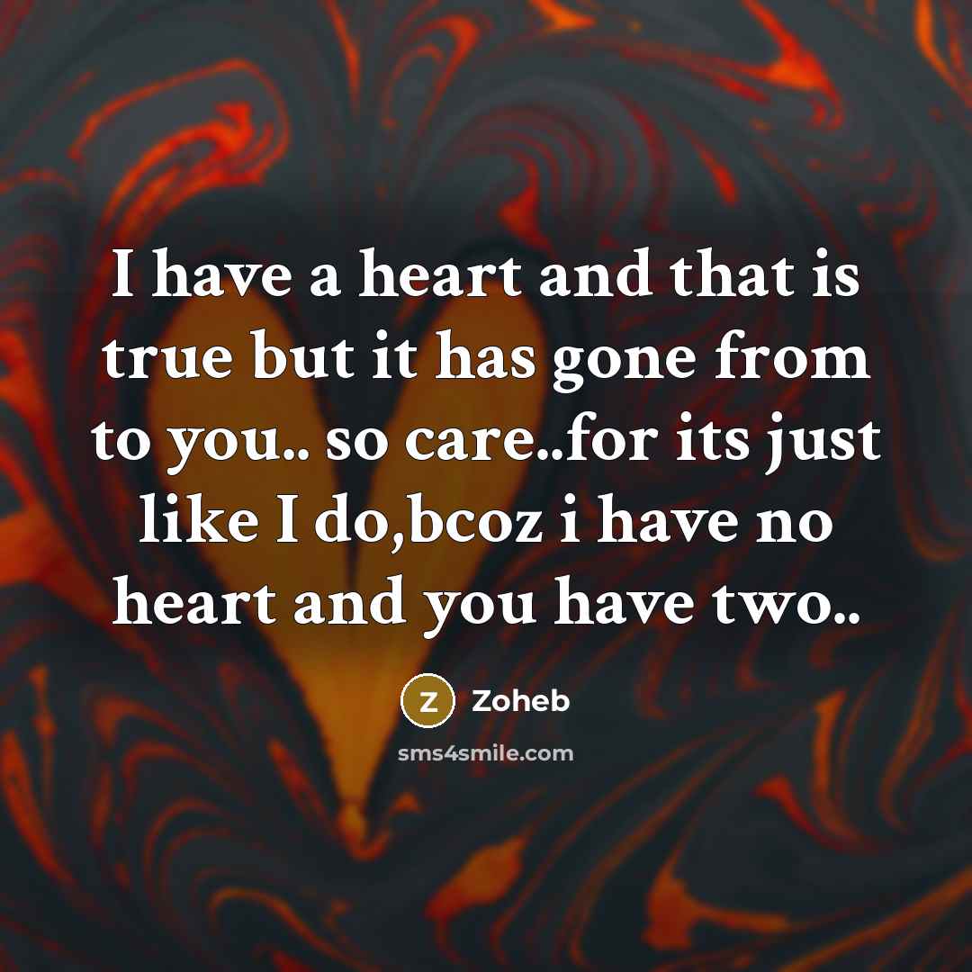 “I have a heart and that is true but it has gone from to you.. so care..for its just like I do,bcoz i have no heart and you have two..” quote by Zoheb