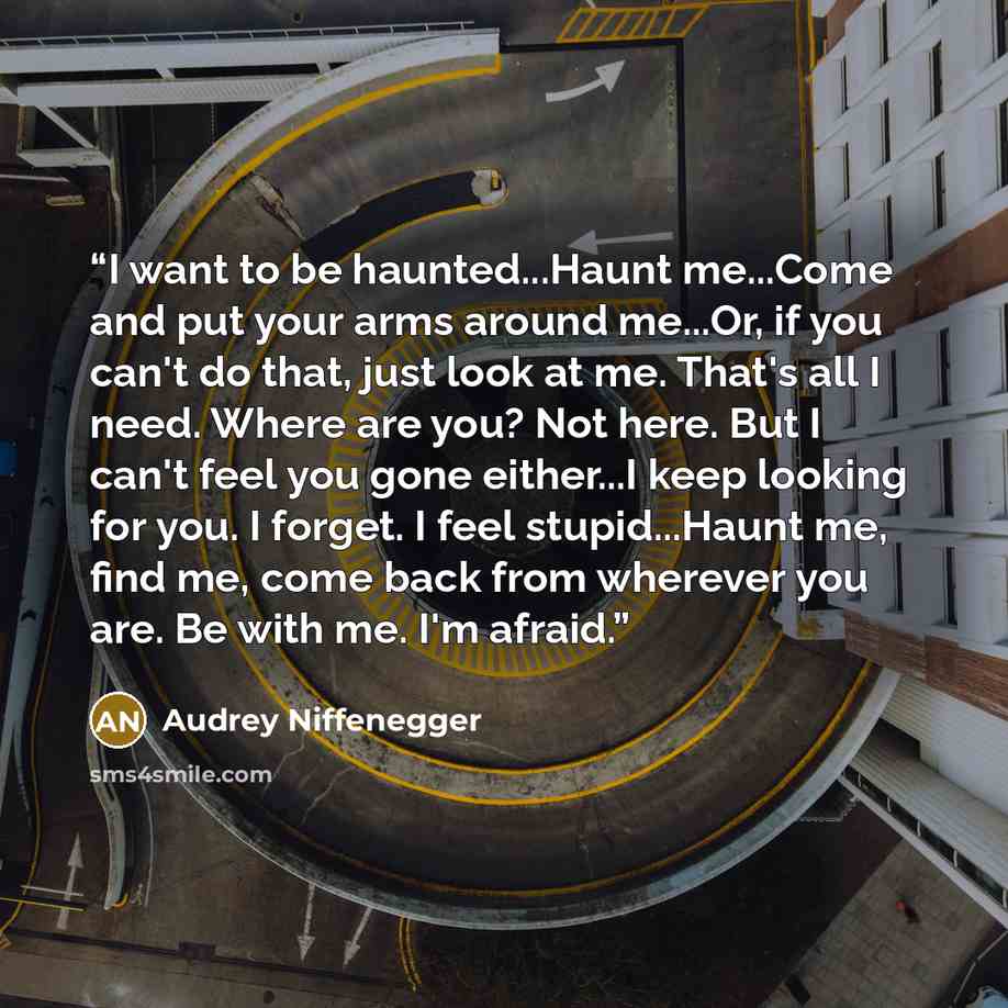 “I want to be haunted...Haunt me...Come and put your arms around me...Or, if you can't do that, just look at me. That's all I need. Where are you? Not here. But I can't feel you gone either...I keep looking for you. I forget. I feel stupid...Haunt me, find me, come back from wherever you are. Be…” quote by Audrey Niffenegger