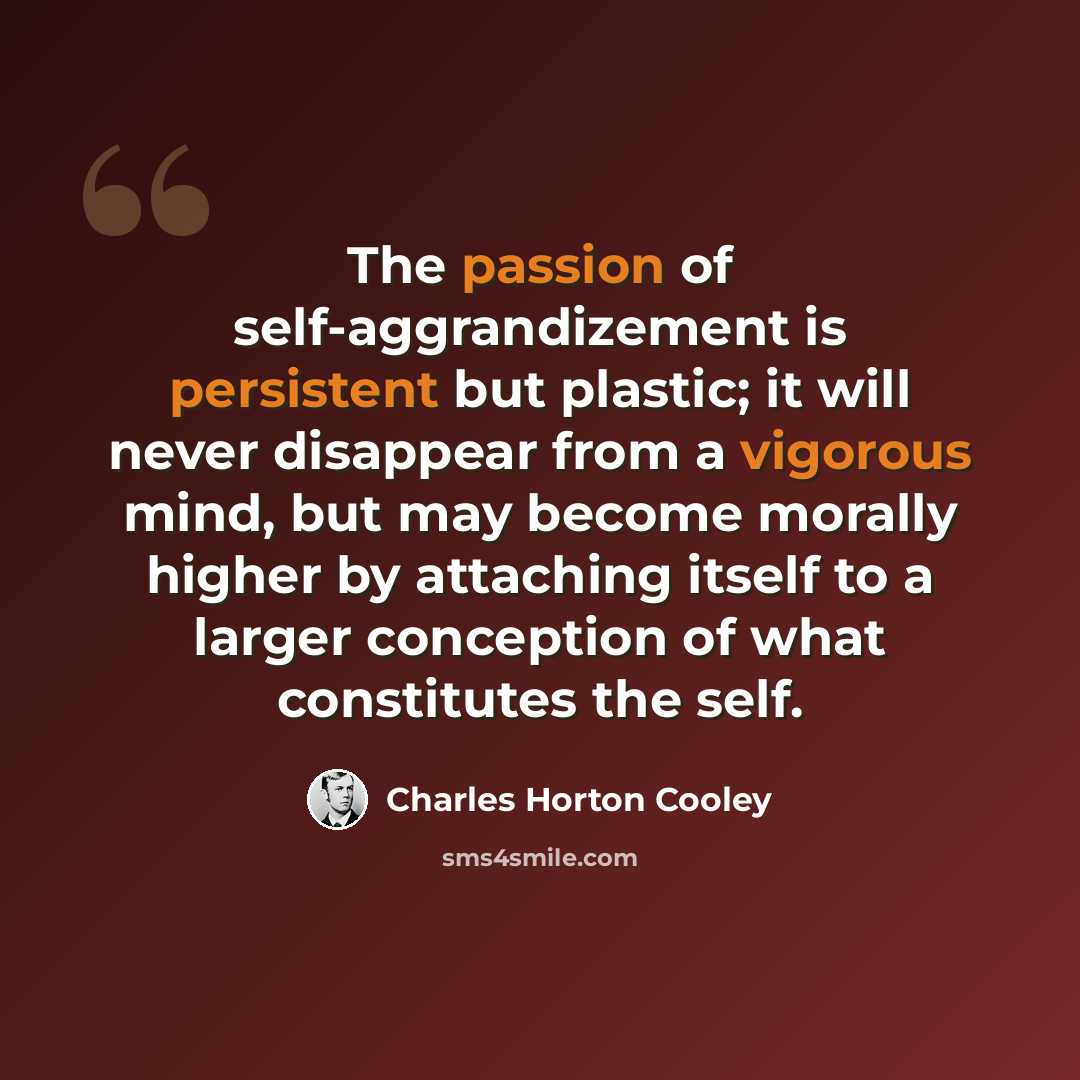“The passion of self-aggrandizement is persistent but plastic; it will never disappear from a vigorous mind, but may become morally higher by attaching itself to a larger conception of what constitutes the self.” quote by Charles Horton Cooley