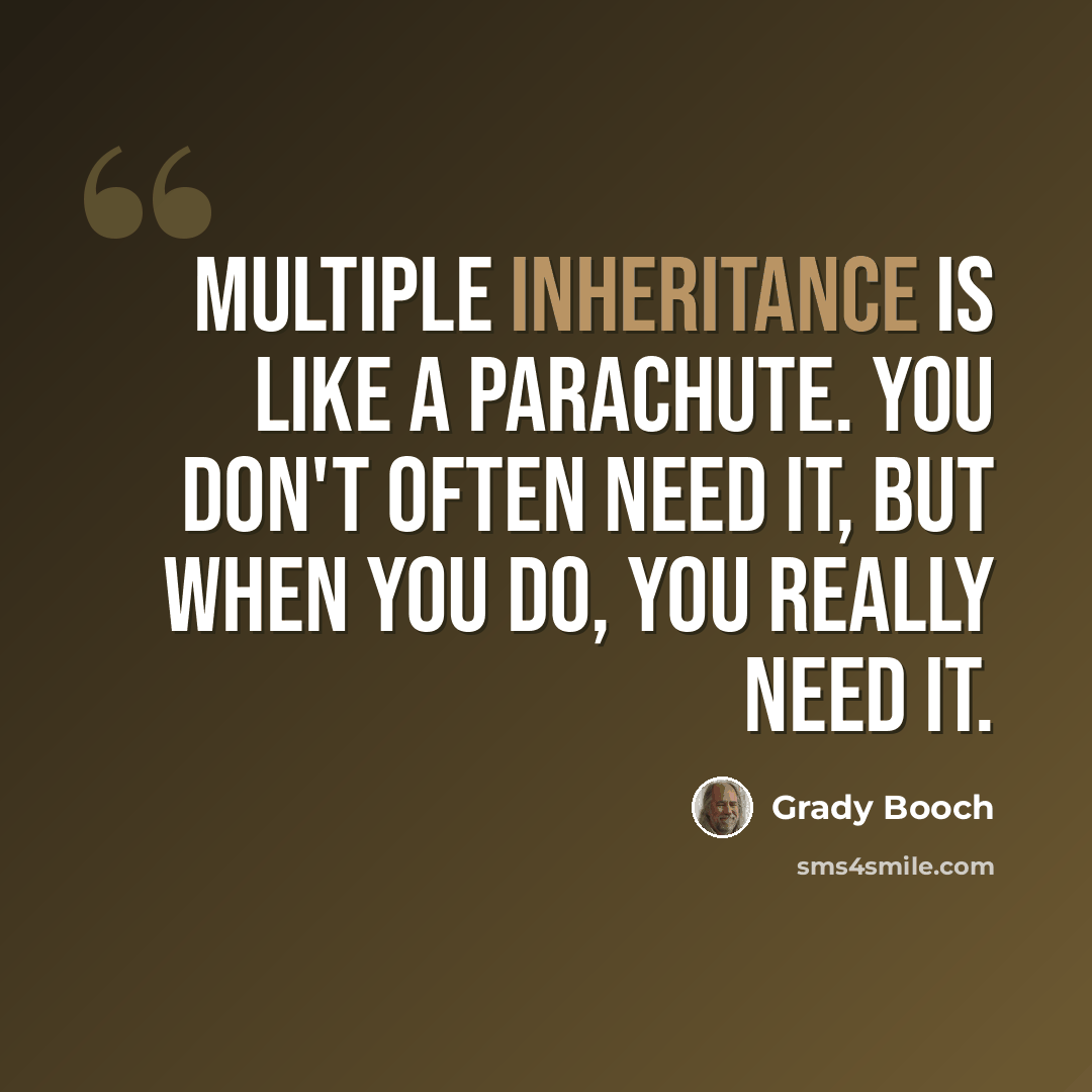“Multiple Inheritance is like a parachute. You don't often need it, but when you do, you really need it.” quote by Grady Booch
