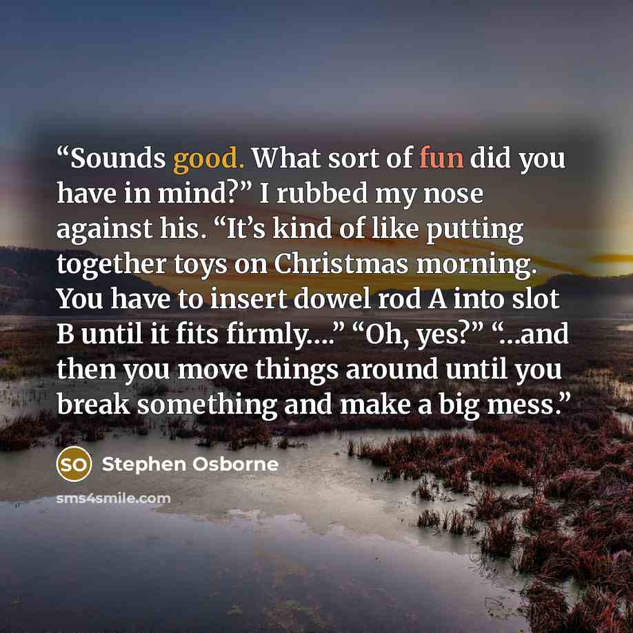 “Sounds good. What sort of fun did you have in mind?” I rubbed my nose against his. “It’s kind of like putting together toys on Christmas morning. You have to insert dowel rod A into slot B until it fits firmly….” “Oh, yes?” “…and then you move things around until you break something and make a big…” quote by Stephen Osborne