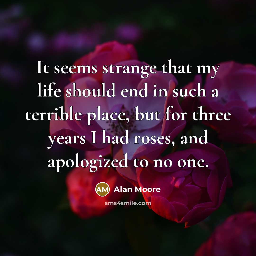 “It seems strange that my life should end in such a terrible place, but for three years I had roses, and apologized to no one.” quote by Alan Moore