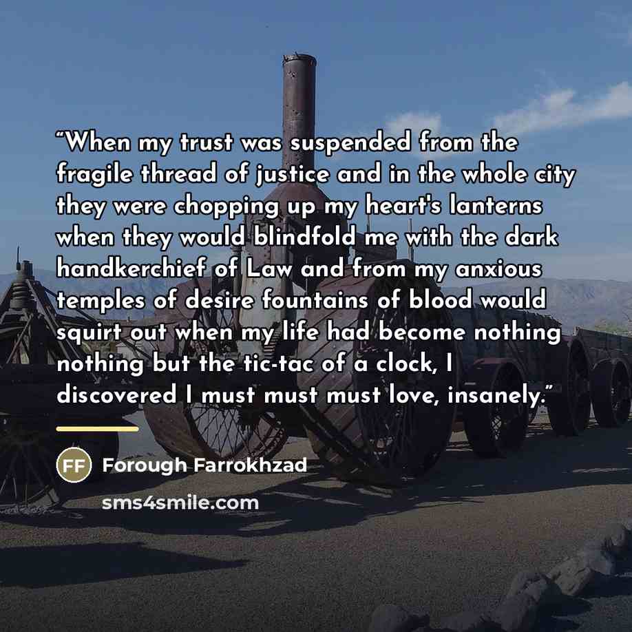 “When my trust was suspended from the fragile thread of justice and in the whole city they were chopping up my heart's lanterns when they would blindfold me with the dark handkerchief of Law and from my anxious temples of desire fountains of blood would squirt out when my life had become nothing…” quote by Forough Farrokhzad