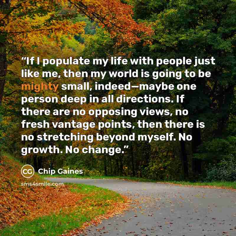“If I populate my life with people just like me, then my world is going to be mighty small, indeed—maybe one person deep in all directions. If there are no opposing views, no fresh vantage points, then there is no stretching beyond myself. No growth. No change.” quote by Chip Gaines
