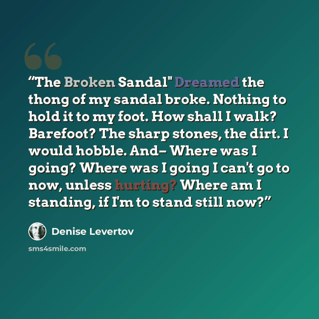 “The Broken Sandal" Dreamed the thong of my sandal broke. Nothing to hold it to my foot. How shall I walk? Barefoot? The sharp stones, the dirt. I would hobble. And– Where was I going? Where was I going I can't go to now, unless hurting? Where am I standing, if I'm to stand still now?” quote by Denise Levertov