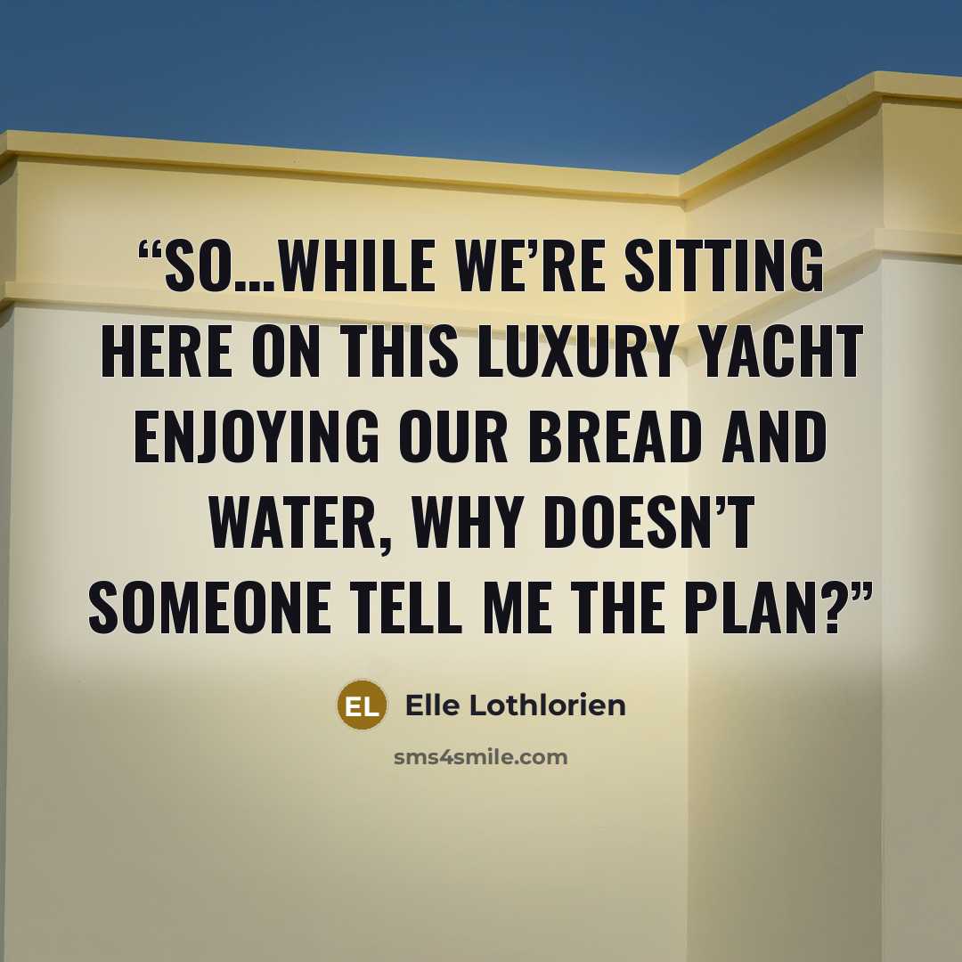 “So…while we’re sitting here on this luxury yacht enjoying our bread and water, why doesn’t someone tell me the plan?” quote by Elle Lothlorien