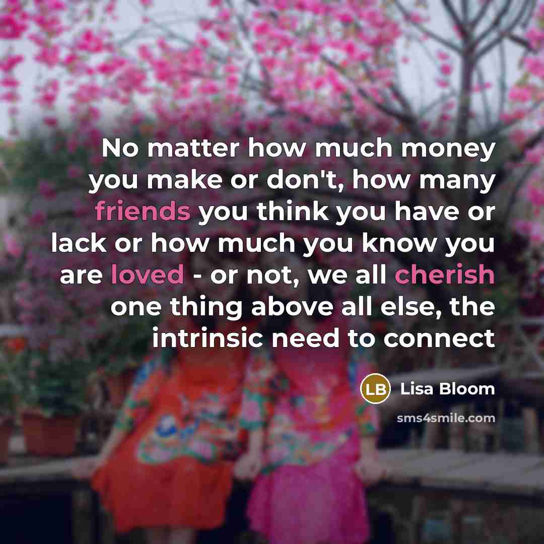 “No matter how much money you make or don't, how many friends you think you have or lack or how much you know you are loved - or not, we all cherish one thing above all else, the intrinsic need to connect” quote by Lisa Bloom