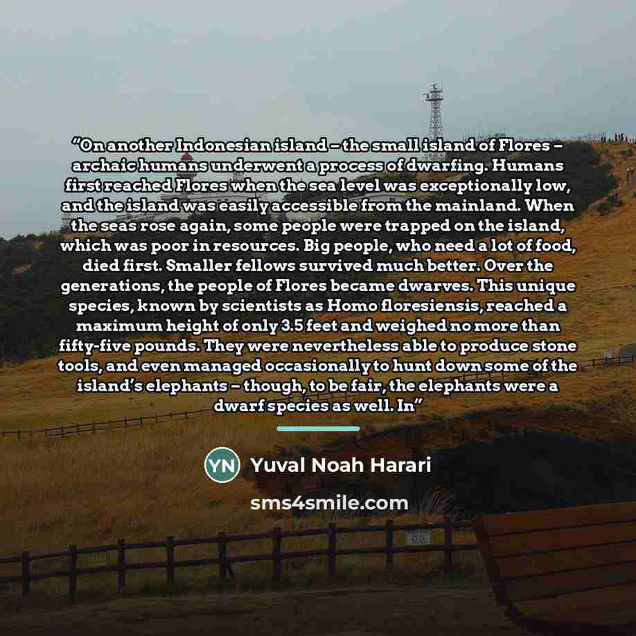 “On another Indonesian island – the small island of Flores – archaic humans underwent a process of dwarfing. Humans first reached Flores when the sea level was exceptionally low, and the island was easily accessible from the mainland. When the seas rose again, some people were trapped on the…” quote by Yuval Noah Harari
